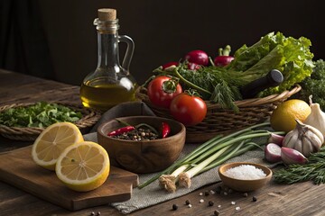 Fresh vegetables and herbs still life composition on a rustic wooden surface
