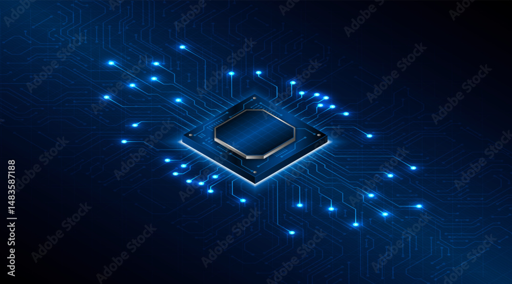 Aufkleber Microchip processor circuit board technology on dark blue background. Information Processing Concept. Circuit board hi-tech technology background. vector illustration	