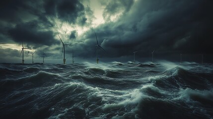 Offshore wind turbines standing in rough ocean waters during a storm, with dark clouds, symbolizing the resilience of renewable energy in extreme weather conditions .