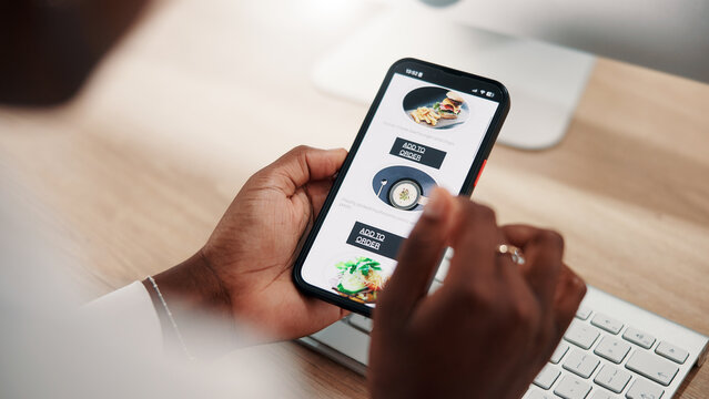 Person, hands and browsing food with phone screen for online order, menu or restaurant app at office. Closeup, shopper or user scrolling on mobile smartphone display for meal, takeaway or lunch break