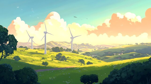 White wind turbines generate clean energy on softly rolling green hills, glowing under the warm golden light of late afternoon. .