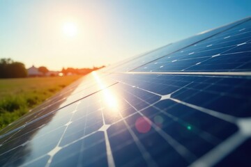 Close-up of a solar panel reflecting sunlight, showcasing clean energy efficiency , energy conservation, solar energy system