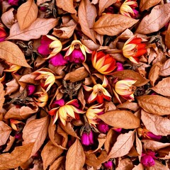 Scattered yellow and red flowers with magenta centers lie amidst a dense layer of curled dry brown leaves creating a vivid and contrasting organic surface texture