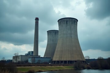 Fototapeta premium Imposing coal-fired power plant cooling tower against a cloudy sky , vertical lines, pollution, concrete