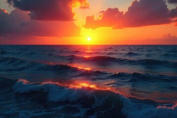 Sunrise over vast ocean, distant light on horizon, far, powerful