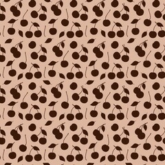 Seamless pattern with chocolate brown cherry and leaf silhouettes on a mocha background. Suitable for packaging, textiles, wallpapers,