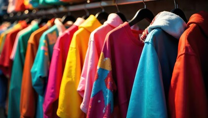 Group of vibrant carnival costumes hanging on a rack, ready for a party , celebration, decorations