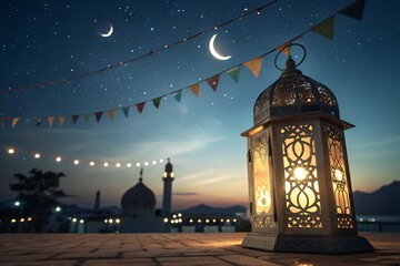 Eid ul Adha background with a glowing lantern and mosque symbolizing the festive spirit.