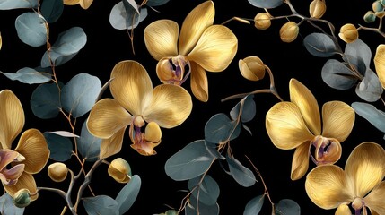 Gold orchid and eucalyptus seamless pattern