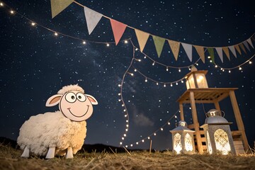 Eid ul Adha background with a smiling cartoon sheep bringing joy to the celebration.
