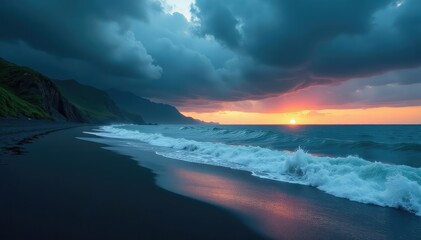 Naklejka premium Dramatic stormy sky over dark beach, crashing waves , sky, texture