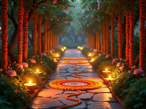 Tihar Night Garden with Diyos and Marigolds