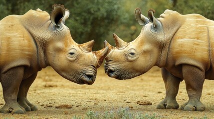 Obraz premium Two rhinoceroses face each other in a close-up shot, their horns almost touching. They stand on tan ground with blurred vegetation in the background