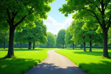 Serene park landscape design featuring lush green lawns, mature trees, and winding pathways , lawn, summer