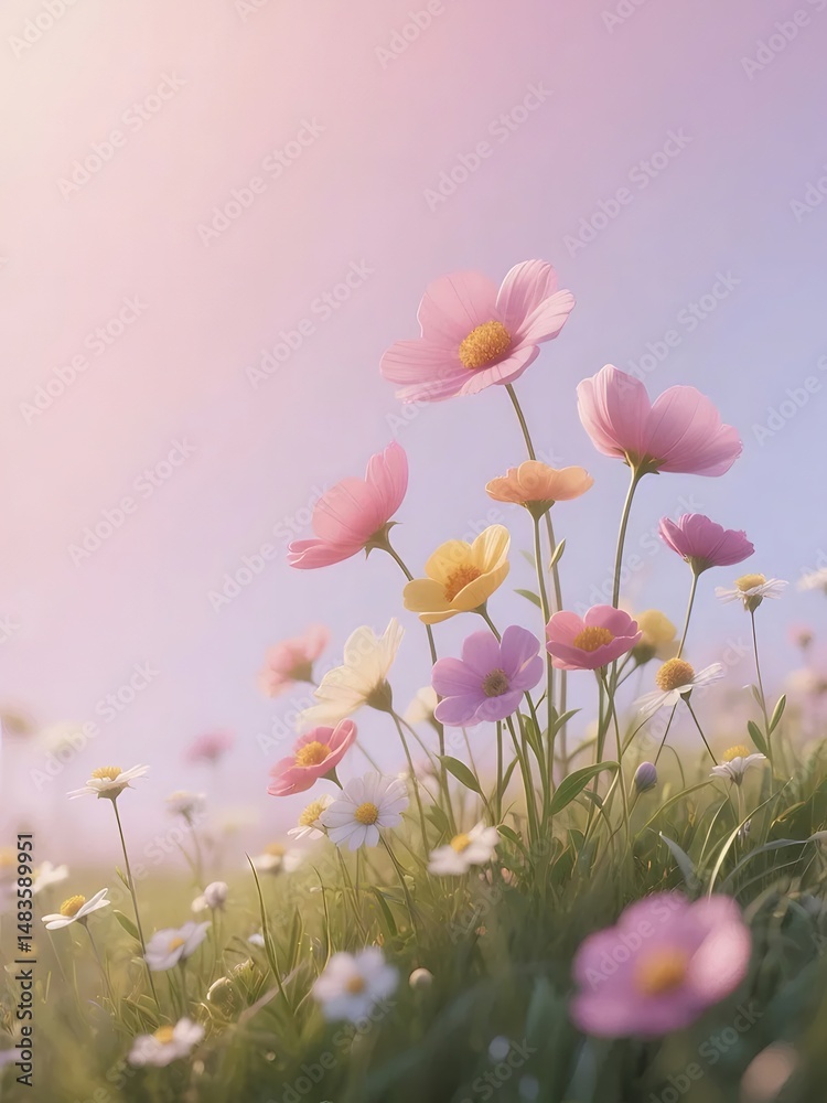 Aufkleber ピンクと黄色のコスモスの畑に緑の草が茂る柔らかい光の背景