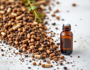 Aromatic essential oil bottle with herbal ingredients