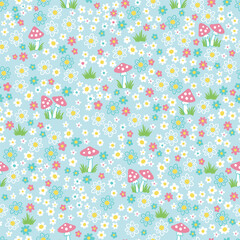 Vector seamless millefleur pattern. Ornate floral pattern. Amanita mushrooms among fantasy flowers, white daisies and mushrooms on a blue background