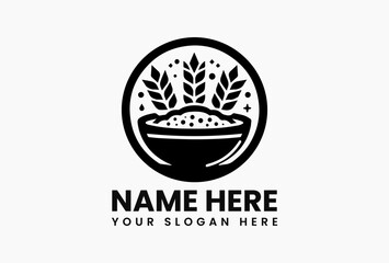 Black and white vector logo of cereal bowl with dynamic milk splash and wheat decoration. Food branding concept  