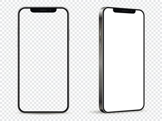 Realistic smartphone mockup. Mobile phone with white and empty screen on transparent background.