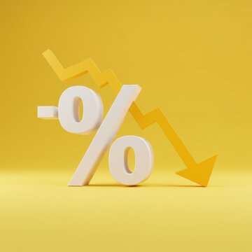 Percentage symbol with downward arrow isolated on white background, use cases: finance, business.