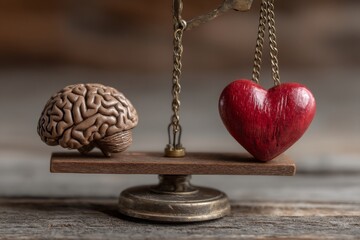 Balancing reason and emotion with a brain and heart on a vintage scale in a rustic setting