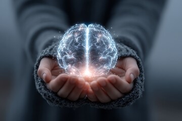 Powerful representation of brain in hands symbolizing knowledge and innovation during a foggy day