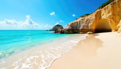 Sun-bleached rocks on sandy beach, turquoise water, blue, aerial, tranquil
