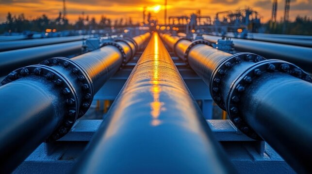 Industrial pipeline network at sunset.  Extensive network of large pipes, likely oil or gas, stretching into the distance, angled towards the viewer, with a backdrop of a refinery or similar industria