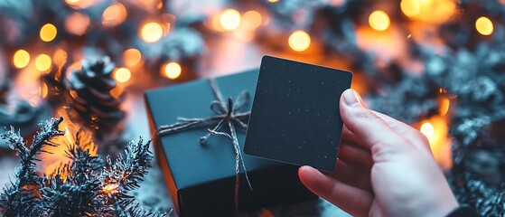 Gift card held in hand, holiday setting
