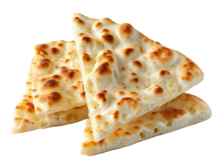 Three triangular slices of fresh naan bread are artfully stacked, showcasing their golden brown spots and soft, pillowy texture against a clean white background.
