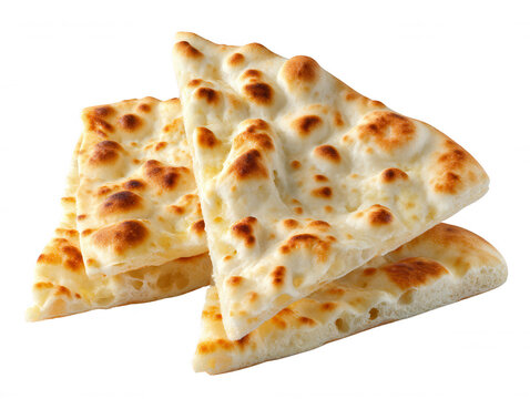 Three triangular slices of fresh naan bread are artfully stacked, showcasing their golden brown spots and soft, pillowy texture against a clean white background.