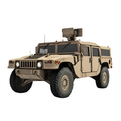 Full shot of a military Humvee vehicle, featuring a sophisticated radar system mounted on the top.