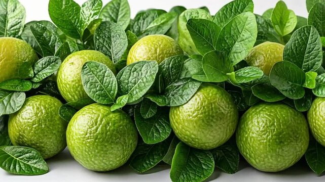 Fresh Green Limes with Leaves on White Background, Citrus Fruit Close-up Photography