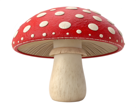 3D cartoon red mushroom with white dots