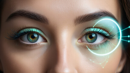 Obraz premium Highlighting sophisticated biometric security, a woman's eye is shown in close-up, with facial recognition mapping illuminating its features.
