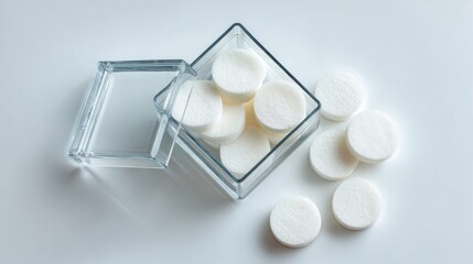 Fototapeta premium Small white circular candies in a clear plastic box