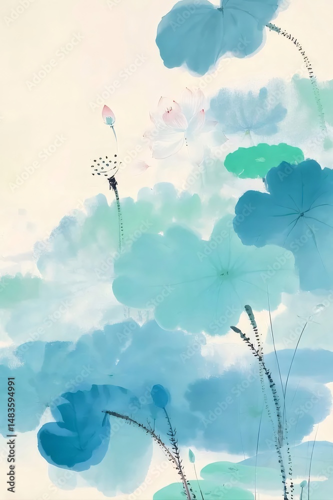 Aufkleber 淡い水色と緑色の蓮の葉と花の穂先を描いた伝統的な水彩画とインク絵画