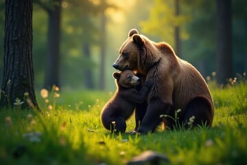 A bear and cub embracing in a forest clearing, bear, wildlife, animals