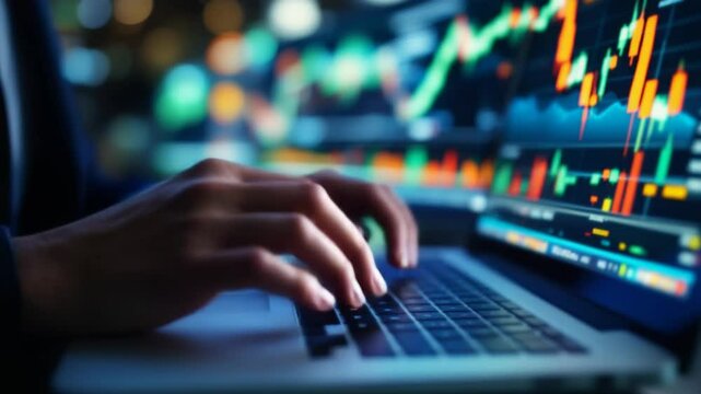 Stockbroker working on laptop analyzing financial charts
