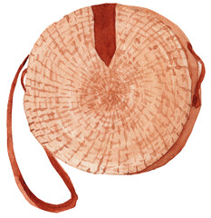 Watercolor round straw bag illustration. Hand-painted in natural tones. Perfect for summer designs, packaging, fabric prints, greeting cards, and digital projects.