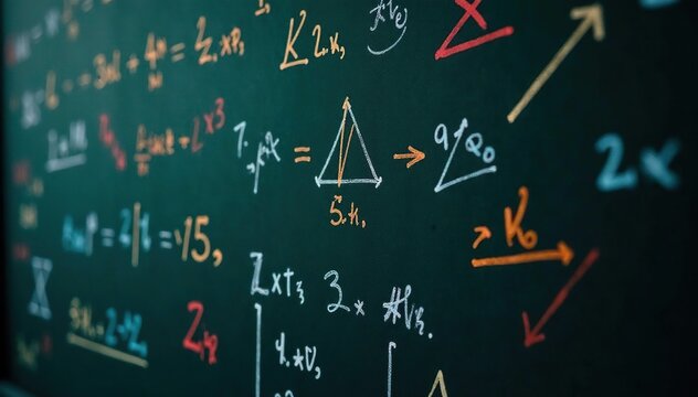 Close-up shot of various mathematical symbols written on a chalkboard , decimal, percent, equals