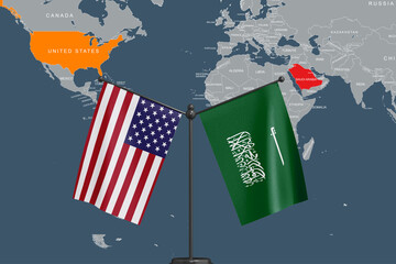 United States and Saudi Arabia Flags with World Map Background