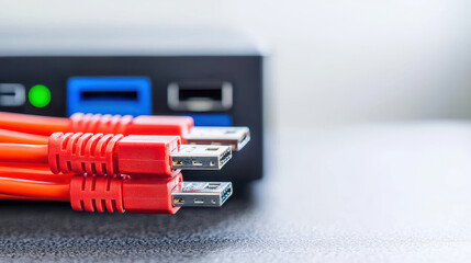 Closeup of red USB cables connected to device, showcasing technology and connectivity. vibrant color adds modern touch to setup