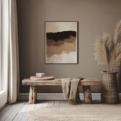 Poster mock up in home interior with old bench, Scandinavian bohemian style, 3d render