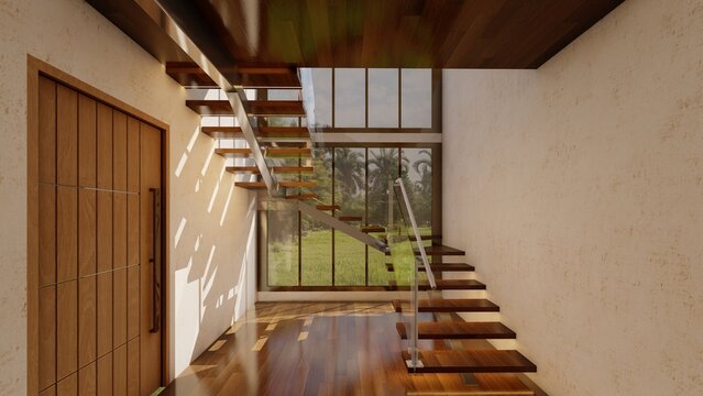 Floating Duplex Stair Design in Luxury Home-Architectural Visualization with Natural Light