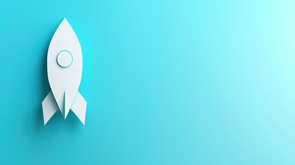 A white rocket ship with a blue circle on the front sits on a light blue background.