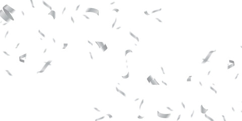 Realistic Silver Confetti and Streamers in Seamless Transparent Pattern for Elegant Celebrations. Elegant silver confetti and streamers fall gracefully in a seamless, 