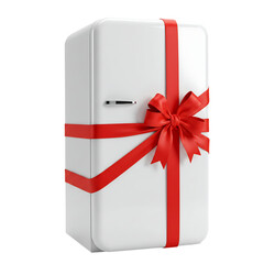 White refrigerator wrapped with a festive red ribbon and bow isolated on a transparent background