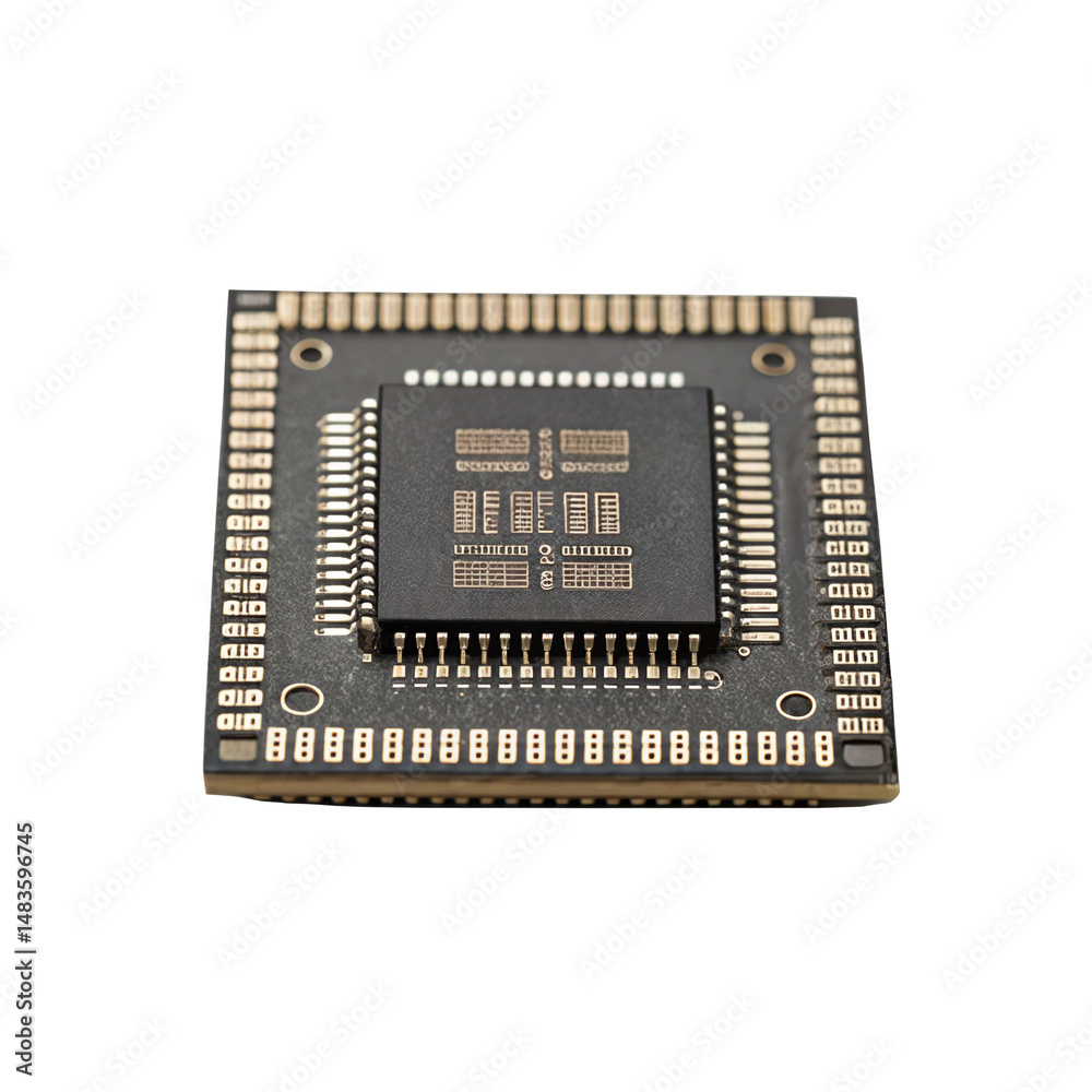 Poster close up view of an integrated circuit chip, showcasing intricate circuitry and delicate connections