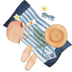 Watercolor top view illustration of a beach towel with a bag, hat, sunglasses, and sunscreen. Perfect for summer designs, packaging, postcards, and digital projects.